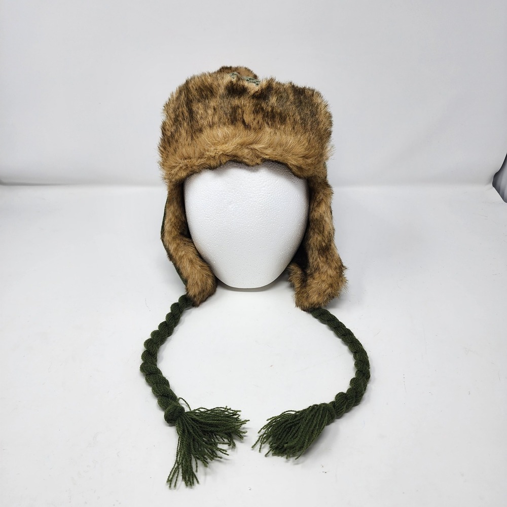HYP Trapper Hat 59CM Faux Fur Earflap Beanie Acrylic Knit Olive Green New